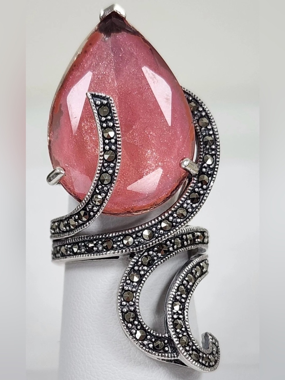 Kanishka Sterling Silver Swarovski Pink Foil-Back Crystal Marcasite Ring Sz 6.75